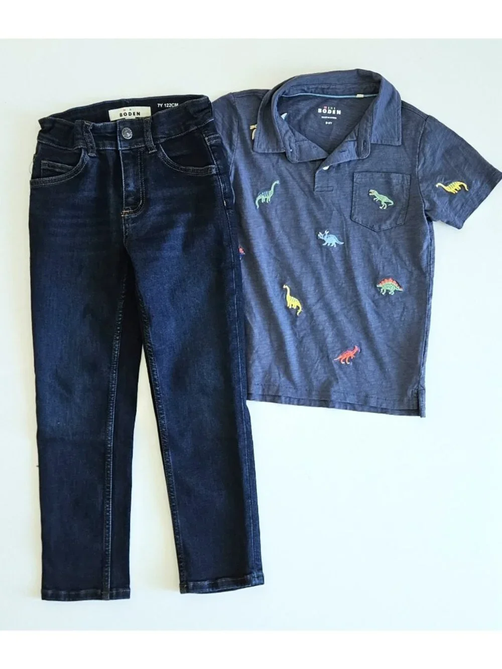 Mini Boden 7-8 Embroidered Dinosaur Polo Top Jeans Set